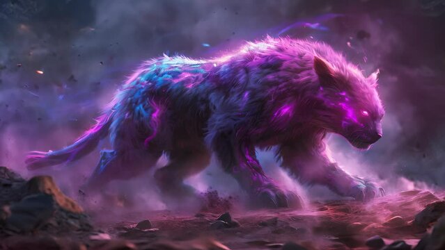 A purple and blue cat with glowing eyes is walking through a dark, rocky area. The cat appears to be in a fantasy world, with a sense of mystery and danger