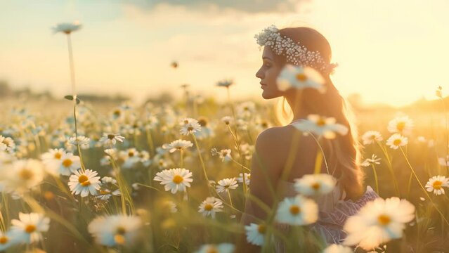 A woman stands in a field of white flowers. The sun is shining brightly, casting a warm glow on the scene