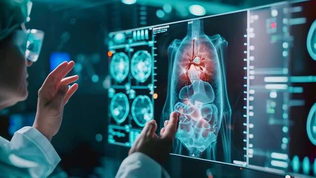 A doctor is looking at a computer screen with a heart and lungs on it. The doctor is wearing a white lab coat and is looking at the screen with a serious expression