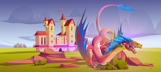 Medieval castle and fantasy dragon fairytale cartoon scene. Magic monster character near kingdom for battle. Spooky animal control palace on nature landscape. Fantastic adventure for halloween design - obrazy, fototapety, plakaty