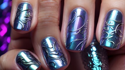 A stunning holographic nail polish design with intricate patterns  - obrazy, fototapety, plakaty