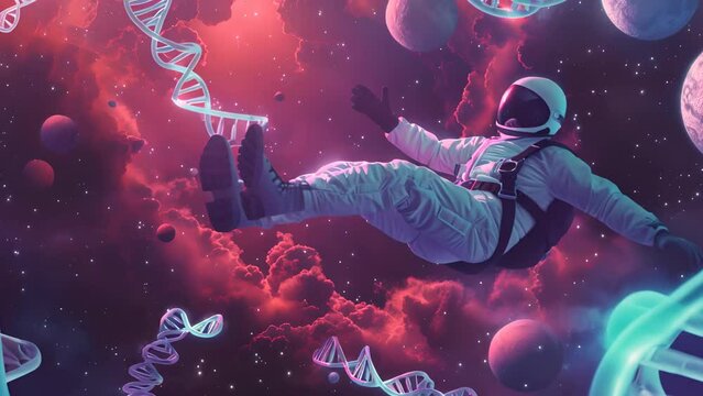 A man in a white spacesuit is floating in space with a DNA strand. The image has a futuristic and scientific feel to it