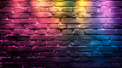 A colorful brick wall with neon lights shining on it. The wall is made of bricks and has a rainbow of colors