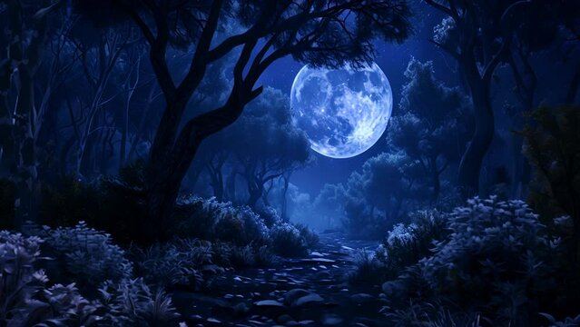 A moon is shining brightly in the sky above a forest. The moon is large and bright, illuminating the path through the woods. The scene is peaceful and serene