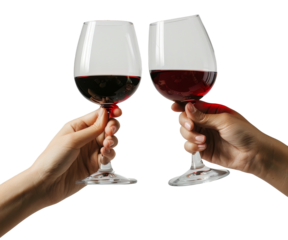hands holding red wine glasses toast isolated on transparent background