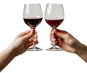 hands holding red wine glasses toast isolated on transparent background