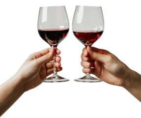 hands holding red wine glasses toast isolated on transparent background