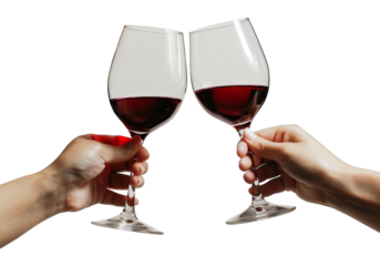 hands holding red wine glasses toast isolated on transparent background
