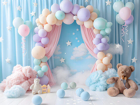 Arch takes center stage, adorned with pastel balloons drifting amidst fluffy clouds and twinkling stars. Scatter big kids toys and decorative clouds on the floor, and place a cheerful teddy bear 