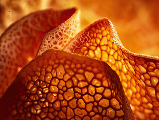 Macro image showcasing the intricate porous texture of an orange peel in vivid hues under striking light.