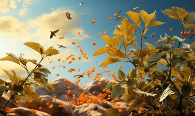 Birds Flying Over Orange Tree - obrazy, fototapety, plakaty