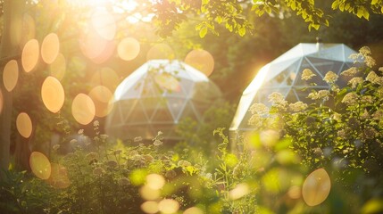 The warmth of the sun and the peacefulness of nature creating a rejuvenating atmosphere for morning yoga in the geodesic domes. 2d flat cartoon. - obrazy, fototapety, plakaty