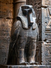 Ancient Egyptian Horus Statue in Hieroglyphics Decorated Temple - obrazy, fototapety, plakaty