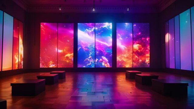 Vivid Cosmic Display on Multimedia Gallery Wall. Concept Galactic Light Show, Interactive Art Installation, Futuristic Multimedia Experience