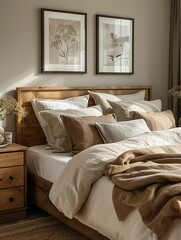 Cozy Bedroom Interior with Wooden Furniture and Botanical Art