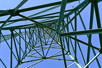 View of an electric transmission line pylon from a very low angle