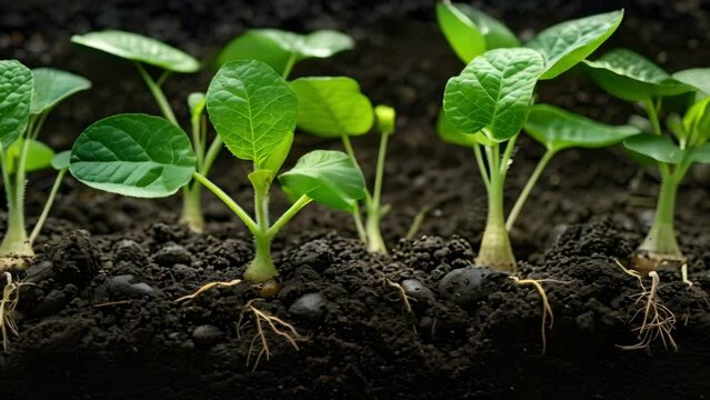 Vibrant Soybean Seedlings Thriving in Rich Soil. Concept Farming, Agriculture, Soybean Cultivation, Soil Health, Seedlings