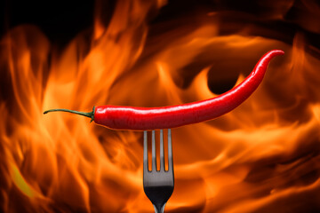 red chili pepper, pricked on a fork, on a background of burning fire, flames on a black background