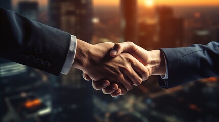Closeup of business professionals firmly shaking hands, signifying a successful deal, against a backdrop of the corporate environment