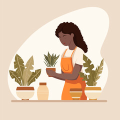 Vector flat illustration of a cute African young woman gardener in an apron with tropical plants in pots. Hobbies floristry and botany. Illustration for articles and postcards