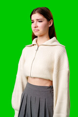 Woman in a White Sweater and Gray Skirt