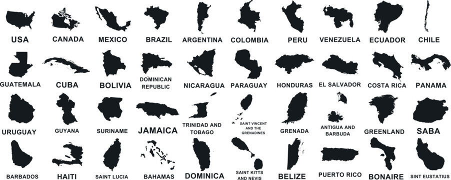 American continent vector map collection. Ideal map silhouette for educational, geographical, travel content.  USA, Canada, Mexico, Brazil, Argentina, Colombia, Peru, Venezuela, Ecuador, Chile