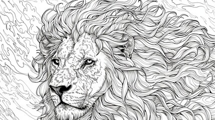 Animals: A coloring book page featuring a majestic lion