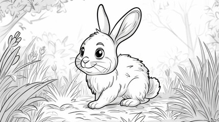 Animals (simple outlines): A coloring book page featuring a happy rabbit outline