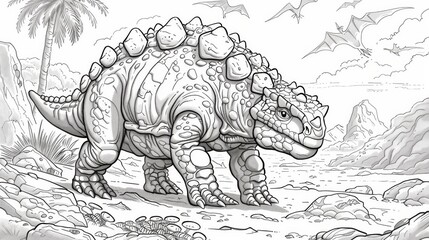 Dinosaurs: A coloring book illustration of an Ankylosaurus defending itself with its armored plates and clubbed tail