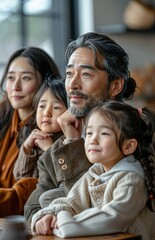 Fototapeta premium Japanese family of three relaxes on sofa; father ponders thoughtfully, mother and daughter watch intently