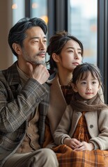 Obraz premium Japanese family of three relaxes on sofa; father ponders thoughtfully, mother and daughter watch intently