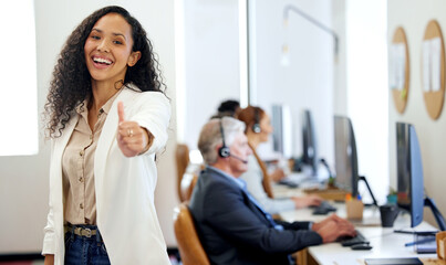 Call center, thumbs up and portrait of business woman in office for success, thank you and...