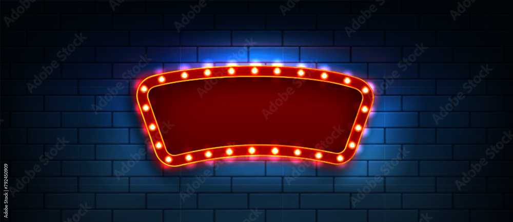 Wall mural red blank frame with light bulbs on dark blue brick wall background. realistic 3d vector illustratio