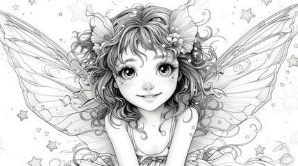 Fairy Tales: A coloring book illustration of a mischievous fairy with delicate wings and a playful smile