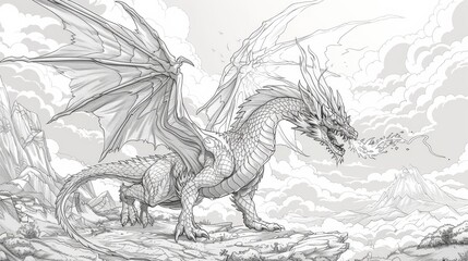Obraz premium Fantasy: A coloring book page featuring a majestic dragon breathing fire in a mystical landscape