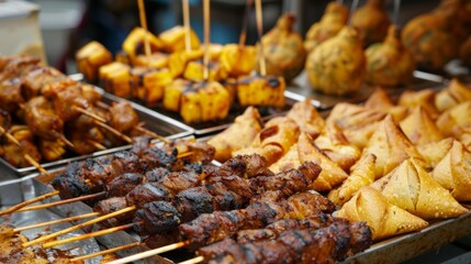 Closeup of a tantalizing spread of African street food with skewers of grilled meat fried plantains and savory samosas reflecting the influence of African cuisine on global street . - obrazy, fototapety, plakaty