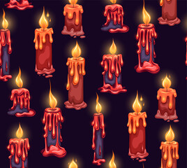 Vector seamless mystic pattern with red wax candles. Serenity texture with burning ritual candles on a dark background for wallpaper, fabrics. Mystery surface design - 792451786