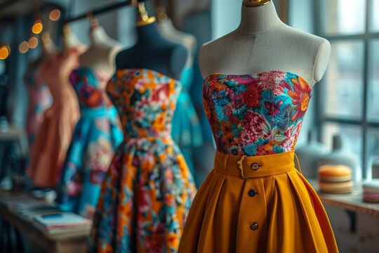 Fashionable dresses hang elegantly on display in a luxury boutique, offering a colorful assortment for shoppers