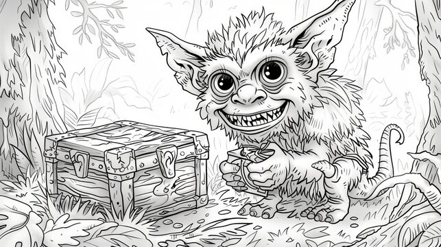 Fantasy Creatures: A coloring book page depicting a mischievous goblin in a forest