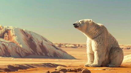 A reflection on global warming. Polar bear sitting in a latex tub In the far background is a power...