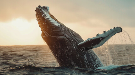 A close-up of a majestic humpback whale breaching the surface of the ocean, its massive body...