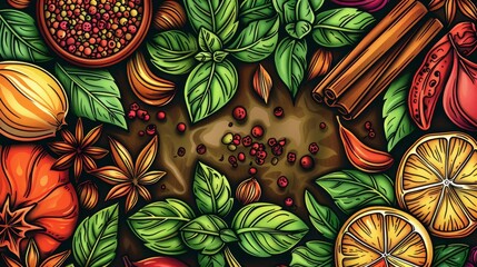 Food: A coloring book page featuring a variety of spices and herbs, such as cinnamon, basil, paprika, and oregano