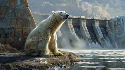 A reflection on global warming. Polar bear sitting in a latex tub In the far background is a power plant.
