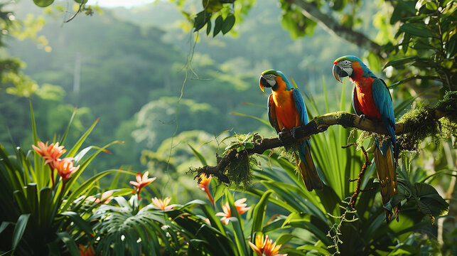 
A lush tropical jungle teeming with life, with colorful birds, monkeys, and exotic plants filling the canopy