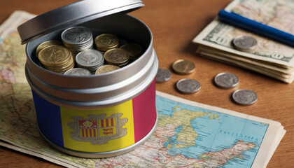 Andorra flag-adorned money jar placed on a map. Saving for vacation, leisure pursuits. Financial strategy, travel budgeting, holiday fund accumulation - obrazy, fototapety, plakaty