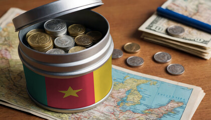 Cameroon flag-adorned money jar placed on a map. Saving for vacation, leisure pursuits. Financial strategy, travel budgeting, holiday fund accumulation - obrazy, fototapety, plakaty