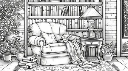 Hobbies & Relaxation Coloring Book: A coloring page depicting a cozy reading nook with a comfortable chair