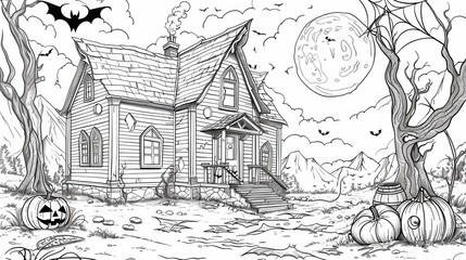 Holidays & Celebrations Coloring Book: A coloring page depicting a Halloween scene with a haunted house, bats, and a full moon