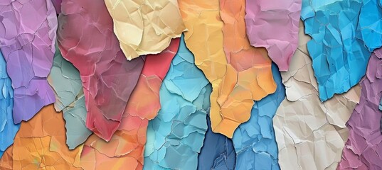 Colorful paper background with an abstract collage of torn pieces of colorful papers. Abstract art background with colorful textured elements. Flat lay, top view. 