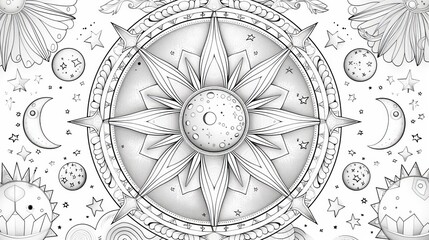 Mandala: A coloring book page featuring a mandala design with celestial elements, like stars, moons, and planets